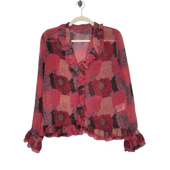 Vintage Claudia Ev Jellyfish Ruffles Button Shirt 10 Floral Flowers Art All Over - Picture 1 of 4